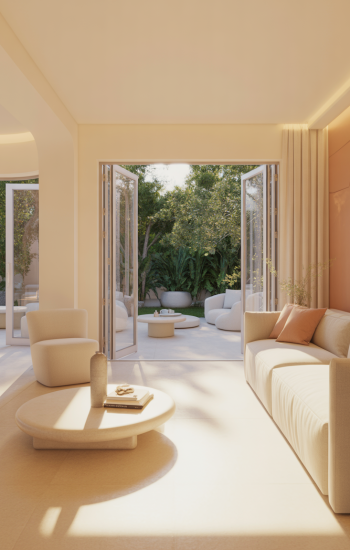 modern interior living space with open bi-fold doors